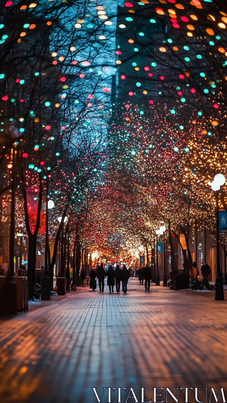 Winter city promenade under cascading festive street lights.