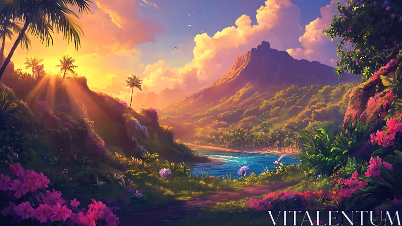 Tropical coastal valley with mountains under sunset light.