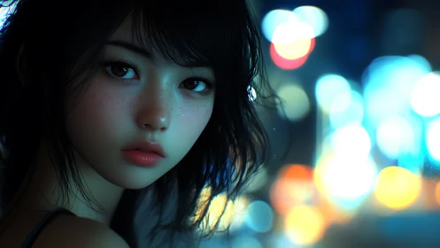 Young woman gazes into neon night with reflective calm