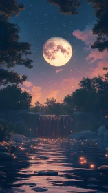 Full moon illuminates tranquil forest waterfall and river