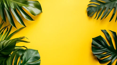 Tropical monstera leaves frame vivid yellow summer backdrop