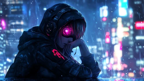Cyberpunk rain-soaked drifter with neon ocular augment focus.