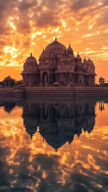 Sunlit temple dome glows against dramatic golden sunset sky