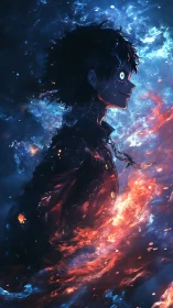 Side profile anime figure amid blue and orange energy field.