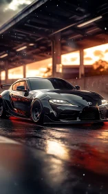 Modified black Toyota Supra sits on wet racetrack at sunset