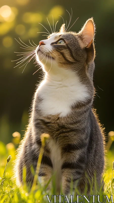 Striped Whisker Scholar Gazes Upward Through Summer Gold.