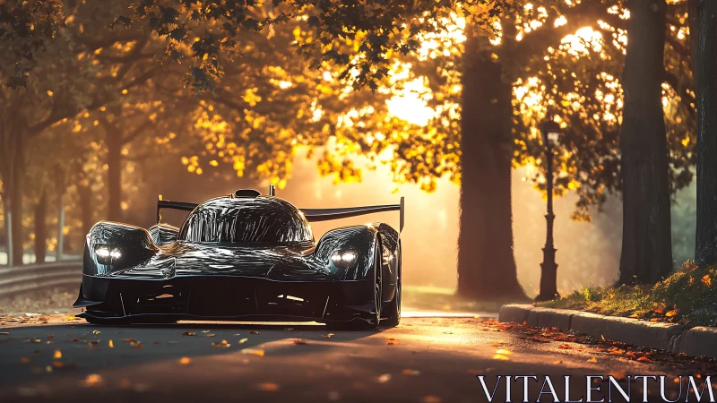 Sleek racing car glides through golden autumn park light