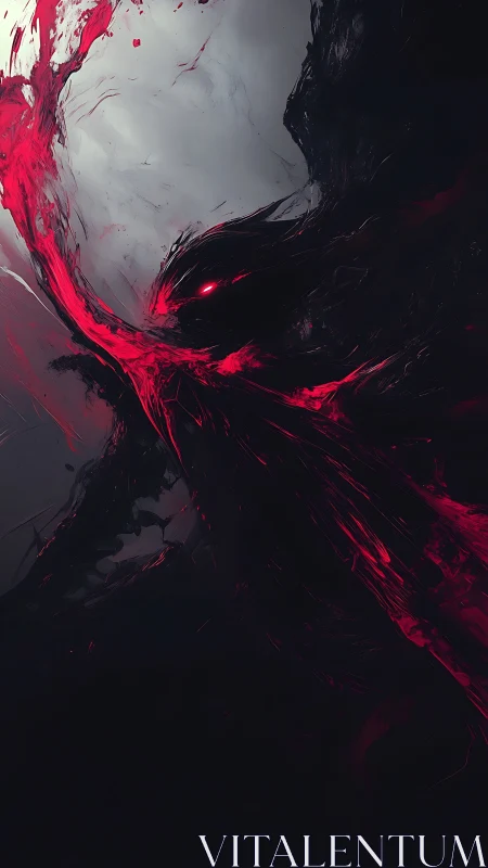 Viscous crimson energy arcs across voidlike form in contrast field