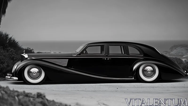 Sleek vintage limousine rests beside a misty ocean shore