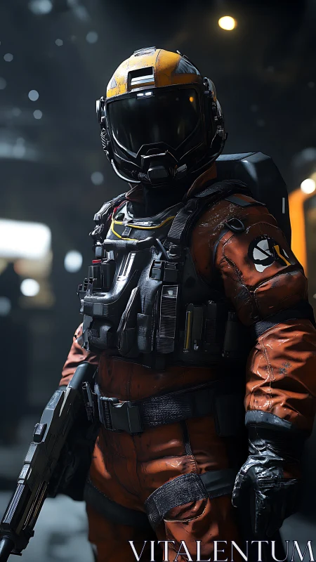 Starborn sentinel in battle-scarred exosuit stands ready.