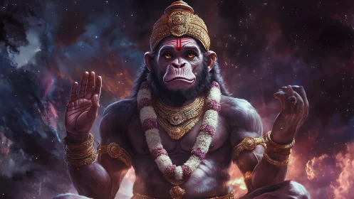 Simian deity in luminous nebular field, hyperreal rendering.
