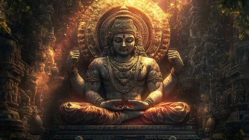 Large multi-armed stone deity statue in ornate temple niche.