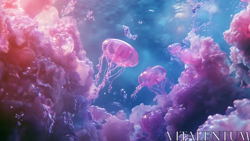 Luminescent jellyfish drift through dreamy neon coral clouds
