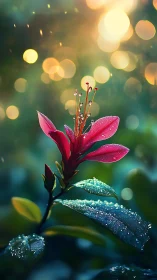 Macro floral close-up with dewdrops and golden bokeh backlight.