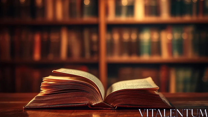 Open hardcover book rests on wooden table in warm library