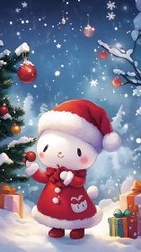 Cute chibi Santa character decorates snowy tree with baubles