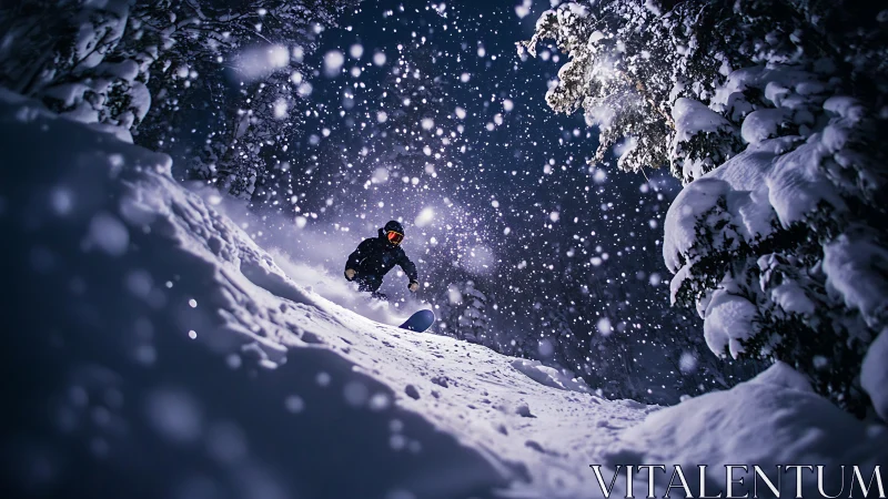 Nightfall snowboard comet carving through stormlit powder.