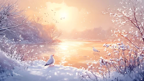 Winter lake sunrise with gulls and softly lit snowy banks.