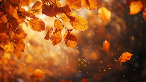 Sunlit leaves drift like copper sparks in autumn rain