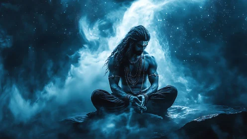 Cosmic blue yogi in meditative stillness against nebulous void