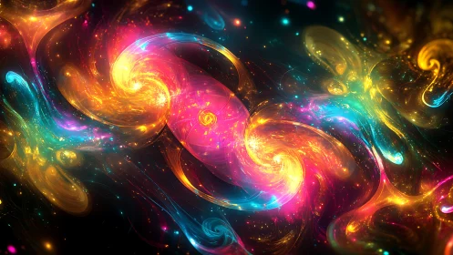 Multicolored swirling light forms on dark abstract background.