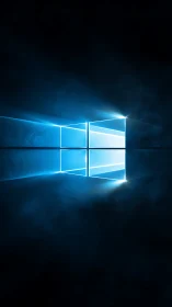 Luminous blue window logo in dark atmospheric space.