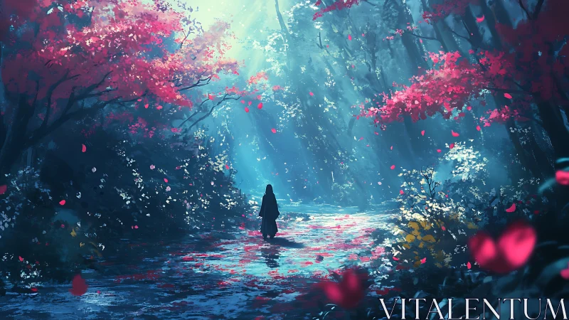 Solitary figure walking through luminous red forest path.