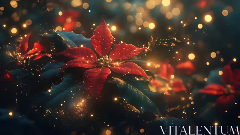 Glowing poinsettia blooms shimmer in warm festive lights
