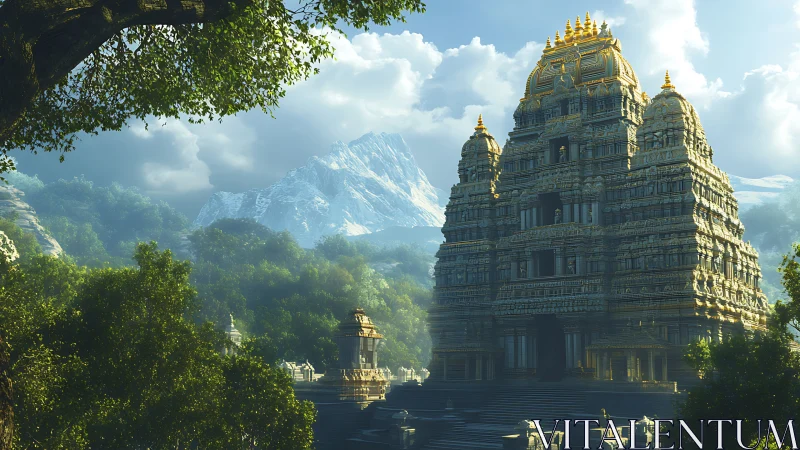 Sunlit mountain temple rising from emerald jungle hush.