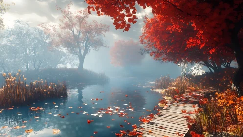 Misty autumn river bend with glowing crimson canopy path.