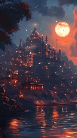 Moonlit riverside palace glows with countless warm lanterns