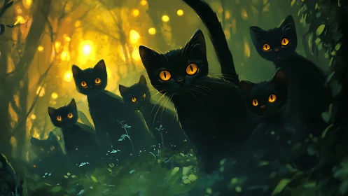 Luminescent Black Cats in Enchanted Forest: Digital Fantasy Composition.