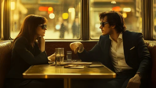 Stylish couple trade secrets inside golden city diner.