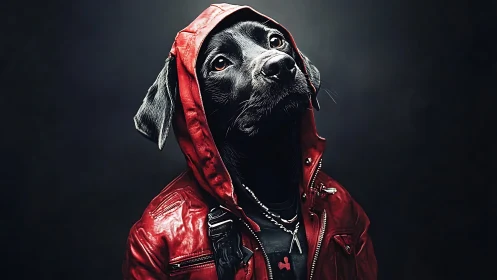 Black dog in red leather hoodie stares into soft studio light