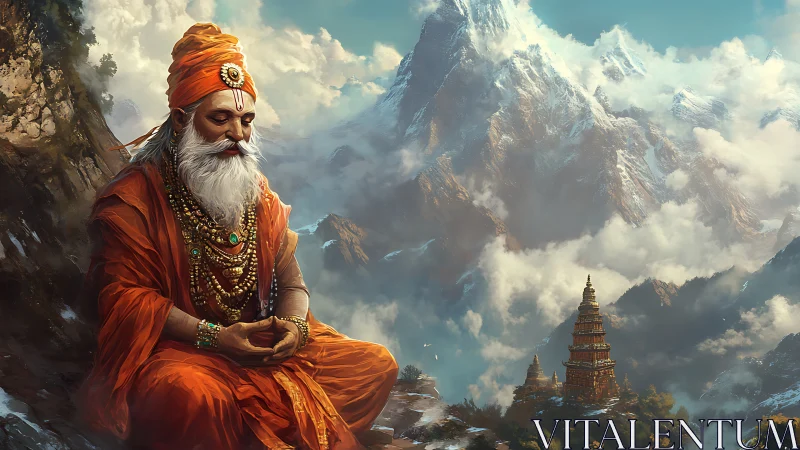Orange robed sage meditating before misty Himalayan peaks.