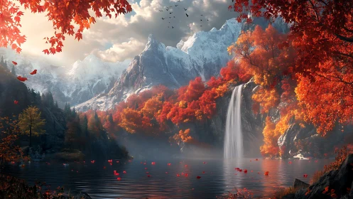 High dynamic range autumn valley with waterfall and snow peaks