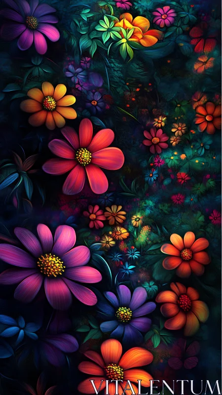Neon Cosmos Flowers Against Dark Botanical Background