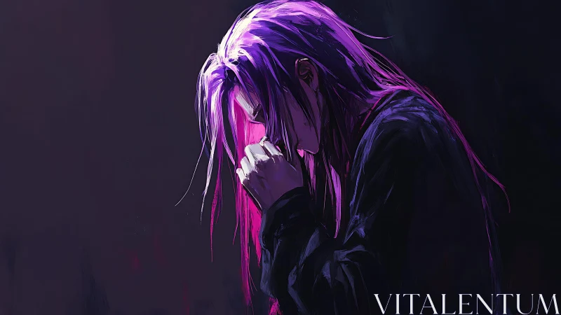 Purple-haired figure bows in quiet sorrow and contemplation.