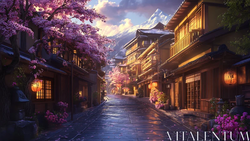 Cherry blossom street through traditional Japanese town at dusk.