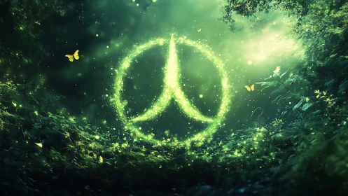 Glowing peace symbol composed of particles in dense forest