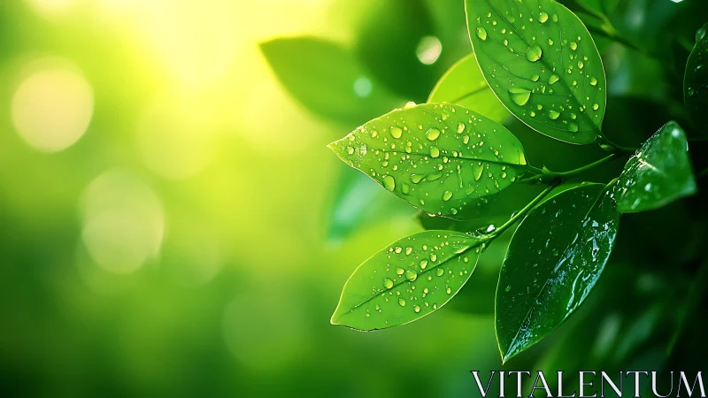 Morning light warms fresh green leaves drenched in raindrops