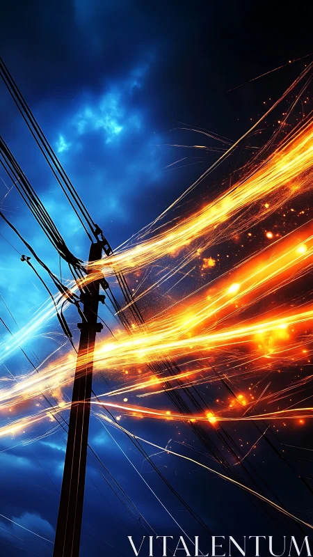 Utility pole with stylized energy trails against storm sky.