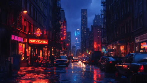 Neon-lit rainy city street glows against a dark skyline.