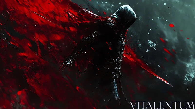 Hooded dark figure amid red energy streaks on black field.