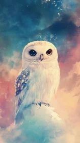 High-key owl portrait against diffuse bokeh nebula gradient sky