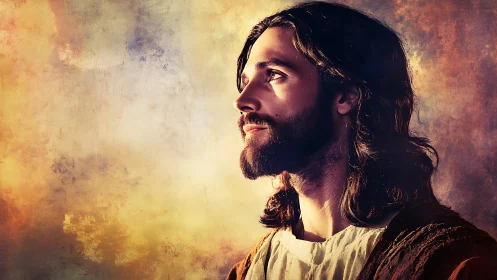 Profile view of robed man against textured gradient background