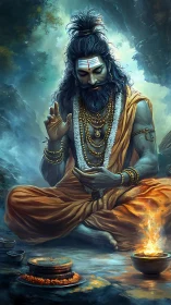 Mystic sage in orange robes conducting sacred fire ritual.