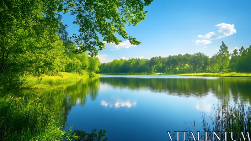 Sunlit forest lake rests quietly under a wide blue sky
