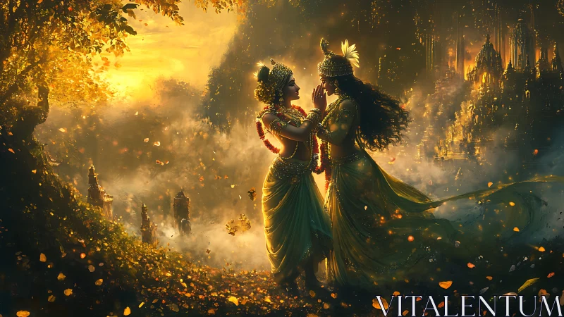 Divine lovers in golden mythic landscape with luminous temples