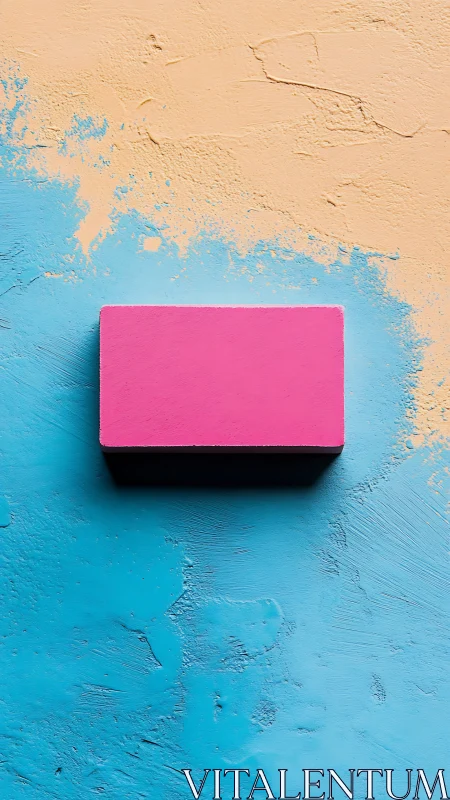 Pink rectangular block on textured blue and beige wall.